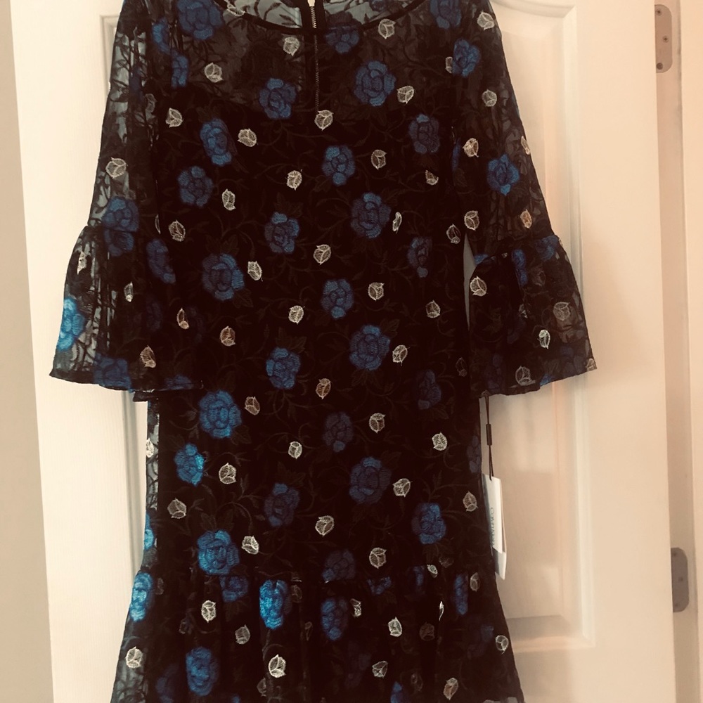 NWT Calvin Klein Black Velvet Dress with Blue and Silver Floral Embroidery